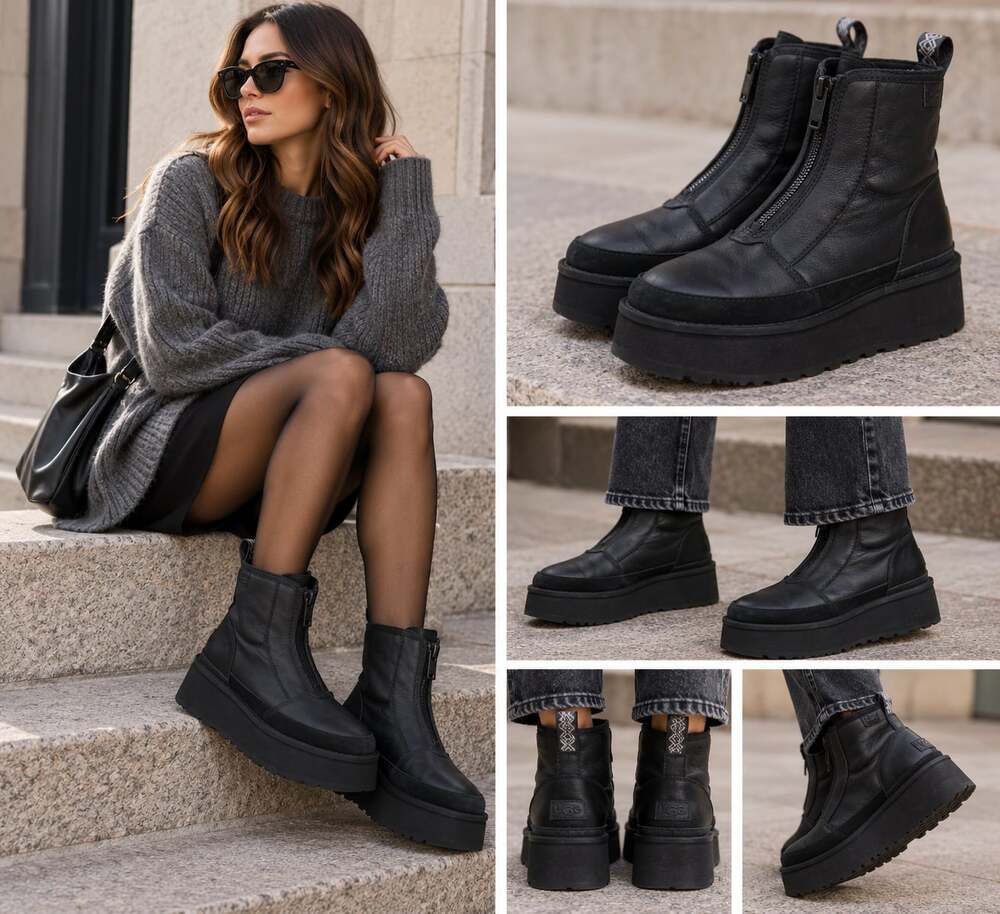 UGG Cityfunc Zip Black Leather Front Zip Platform Boots Women's Size 8